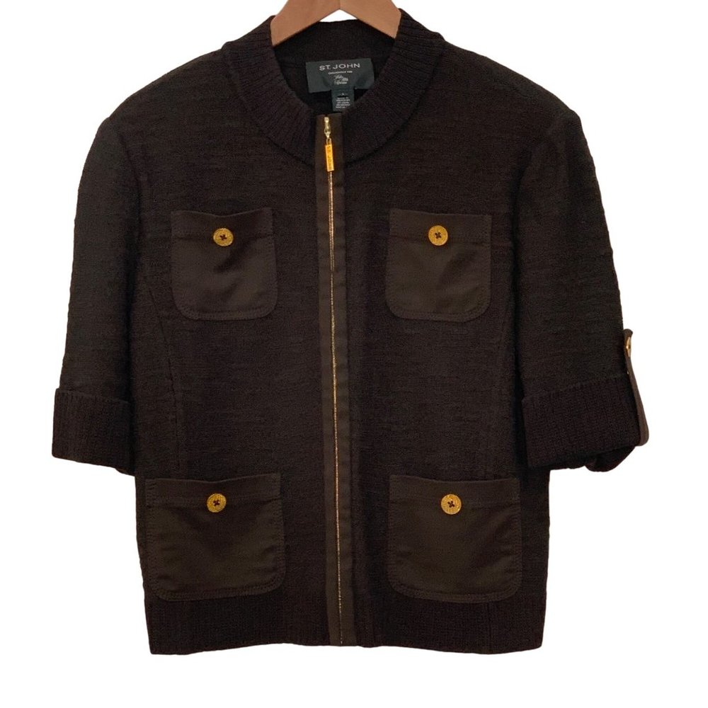 St. John Santana Knit Brown Zip Up Crew Neck Sweater Size Large Business B166